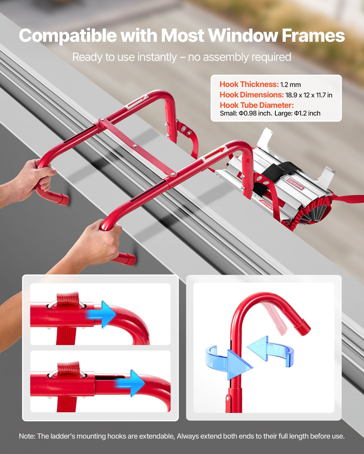 Fire Escape Ladder, 5-6 Story 15.24m Retractable Emergency Fire Ladder, Lightweight Aluminum Alloy Safety Escape Ladders with Sturdy Polyester Strap, Anti-Slip & Wide Rungs, 453KG Max Loading