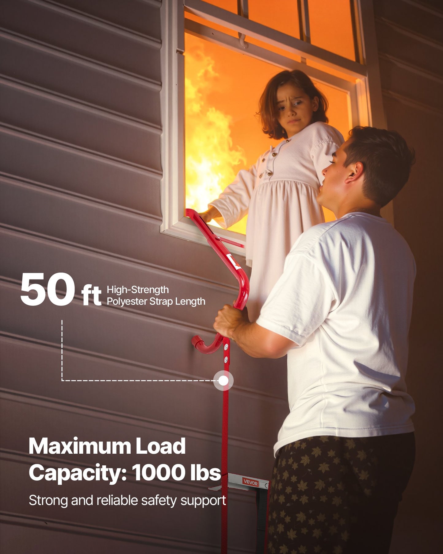 Fire Escape Ladder, 5-6 Story 15.24m Retractable Emergency Fire Ladder, Lightweight Aluminum Alloy Safety Escape Ladders with Sturdy Polyester Strap, Anti-Slip & Wide Rungs, 453KG Max Loading