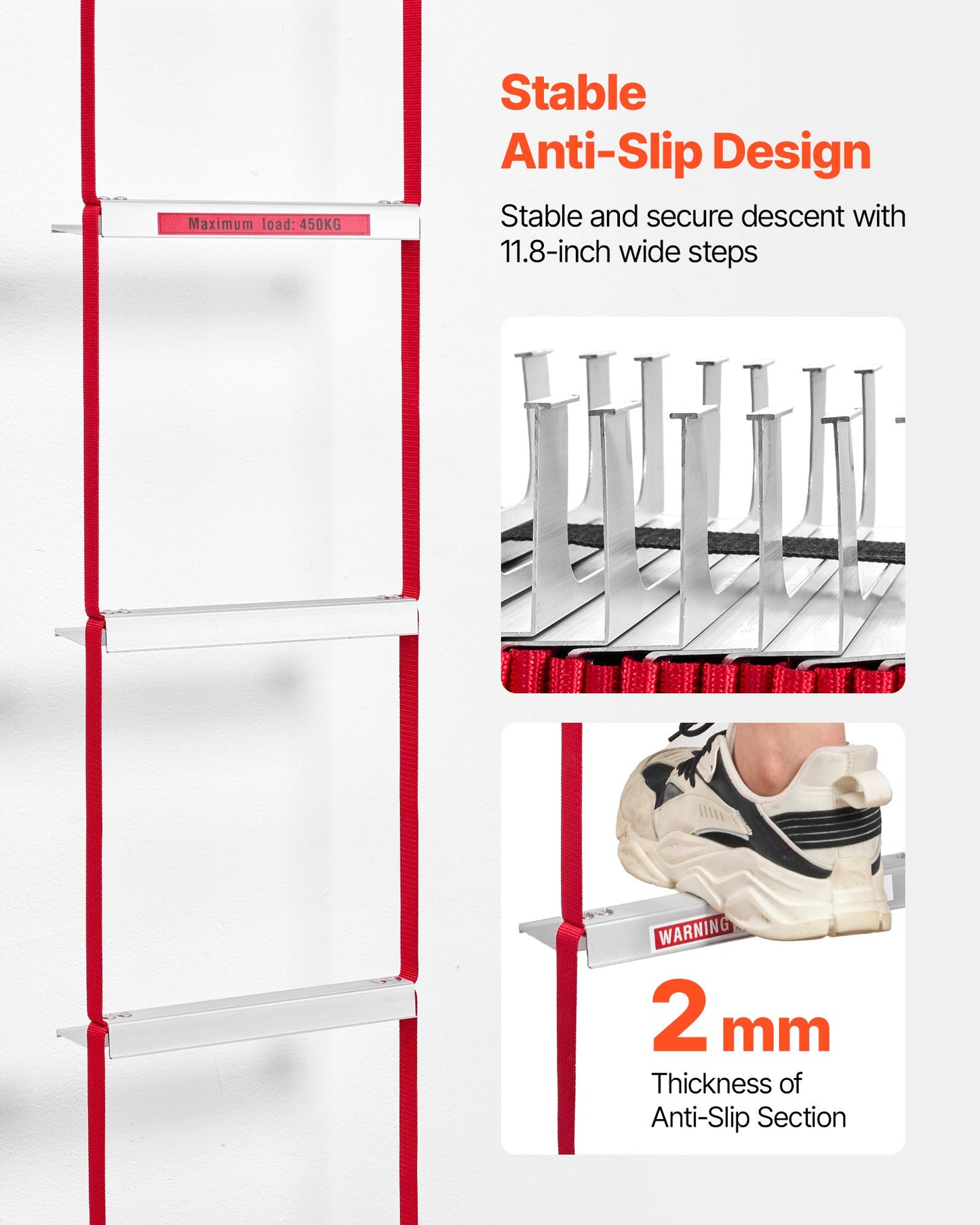 Fire Escape Ladder, 5-6 Story 15.24m Retractable Emergency Fire Ladder, Lightweight Aluminum Alloy Safety Escape Ladders with Sturdy Polyester Strap, Anti-Slip & Wide Rungs, 453KG Max Loading