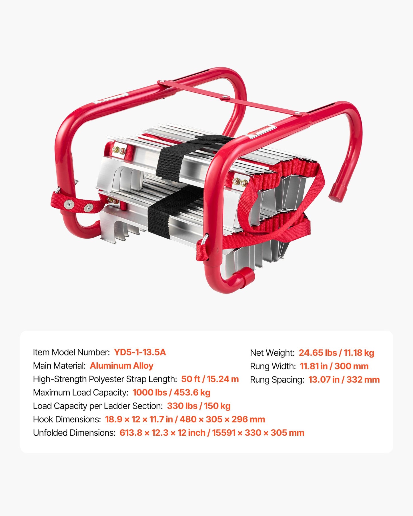 Fire Escape Ladder, 5-6 Story 15.24m Retractable Emergency Fire Ladder, Lightweight Aluminum Alloy Safety Escape Ladders with Sturdy Polyester Strap, Anti-Slip & Wide Rungs, 453KG Max Loading