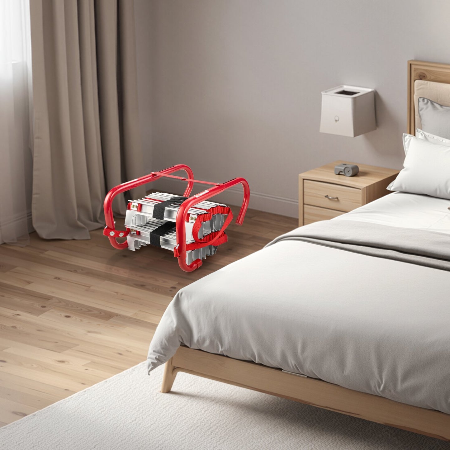 Fire Escape Ladder, 5-6 Story 15.24m Retractable Emergency Fire Ladder, Lightweight Aluminum Alloy Safety Escape Ladders with Sturdy Polyester Strap, Anti-Slip & Wide Rungs, 453KG Max Loading