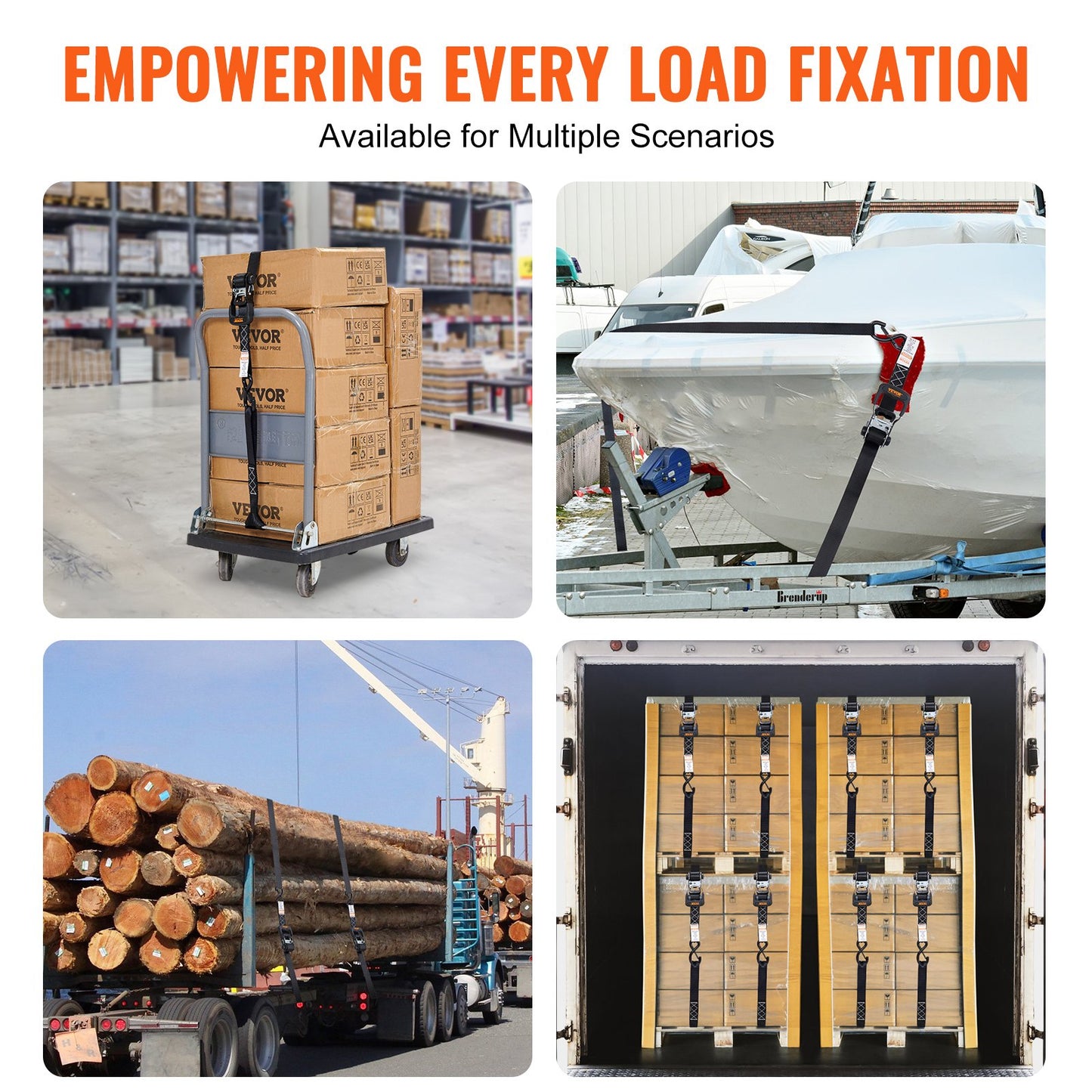 Ratchet Tie Down Straps (4PK), 5208 lb Max Break Strength, Includes 4 Premium 1.6" x 8' Rachet Tie Downs with Padded Handles, for Moving Securing Cargo, Appliances, Lawn Equipment, Motorcycle