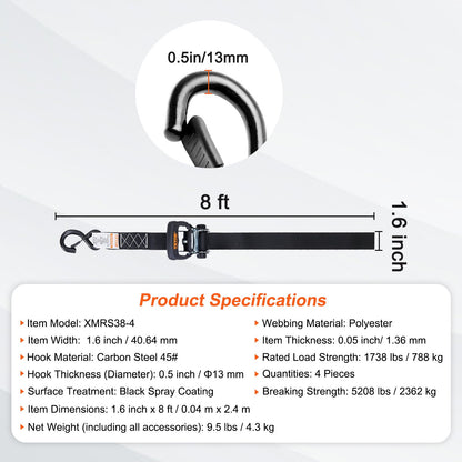 Ratchet Tie Down Straps (4PK), 5208 lb Max Break Strength, Includes 4 Premium 1.6" x 8' Rachet Tie Downs with Padded Handles, for Moving Securing Cargo, Appliances, Lawn Equipment, Motorcycle