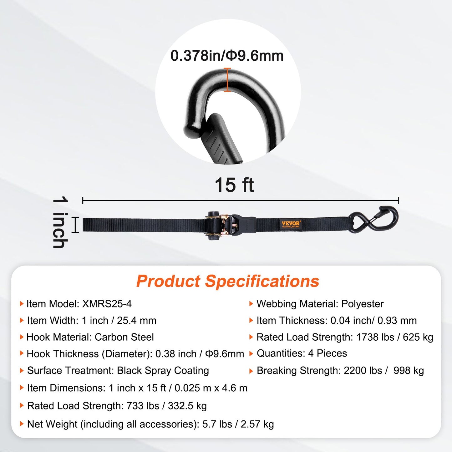 Ratchet Tie Down Straps (4PK), 2200 lb Max Break Strength, Includes 4 Premium 1" x 15' Rachet Tie Downs with Padded Handles, for Moving Securing Cargo, Appliances, Lawn Equipment, Motorcycle