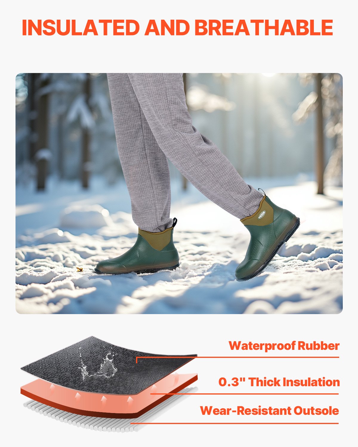 Women's Deck Boots, Waterproof Fishing Rain Boots, Anti-Slip Ankle Rubber Boots, Gardening Insulated Mud Boots, Neoprene Rubber, Lightweight & Durable, for Manufacturing, Farming, Size 10 US