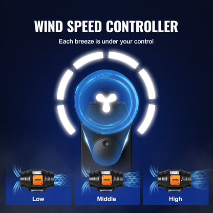 Inline Duct Fan, 152.4mm 323.7 CFM with Variable Speed Controller, Quiet AC-motor Ventilation Exhaust Fan for Cooling Booster, Grow Tents, Hydroponics