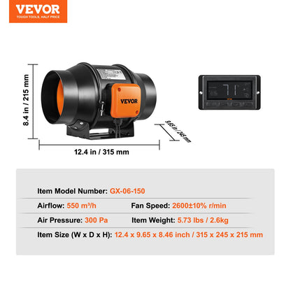 Inline Duct Fan, 6-Inch 402 CFM with Temperature Humidity Controller, Quiet EC-motor Ventilation Exhaust Fan for Cooling Booster, Grow Tents, Hydroponics