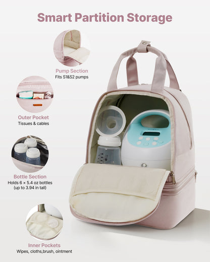 Breast Pump Backpack, Breast Feeding Bag with Ice Pack, Fits for S1/S2, Pumping Accessories & Breastmilk Storage, Portable Pump Carrying Case for Work, Travel and Family Use, Light Pink