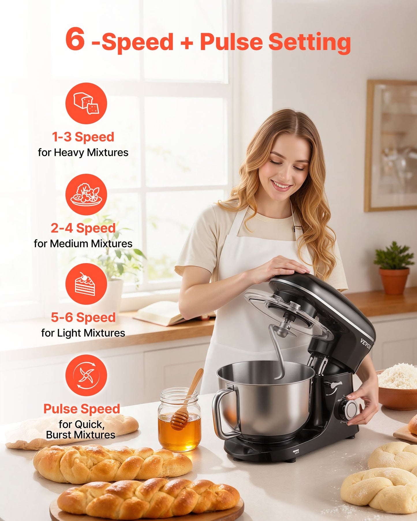 Stand Mixer, 6 QT Dough Mixer, 1400W 6 + P Speeds Tilt-head Food Mixer with Stainless Steel Bowl, Dough Hook, Wire Whip, Flat Beater, Scraper,Household Stand Mixer for Baking, Mixing, Black