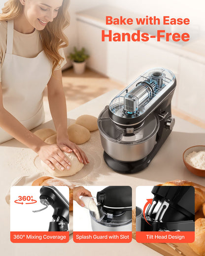 Stand Mixer, 6 QT Dough Mixer, 1400W 6 + P Speeds Tilt-head Food Mixer with Stainless Steel Bowl, Dough Hook, Wire Whip, Flat Beater, Scraper,Household Stand Mixer for Baking, Mixing, Black