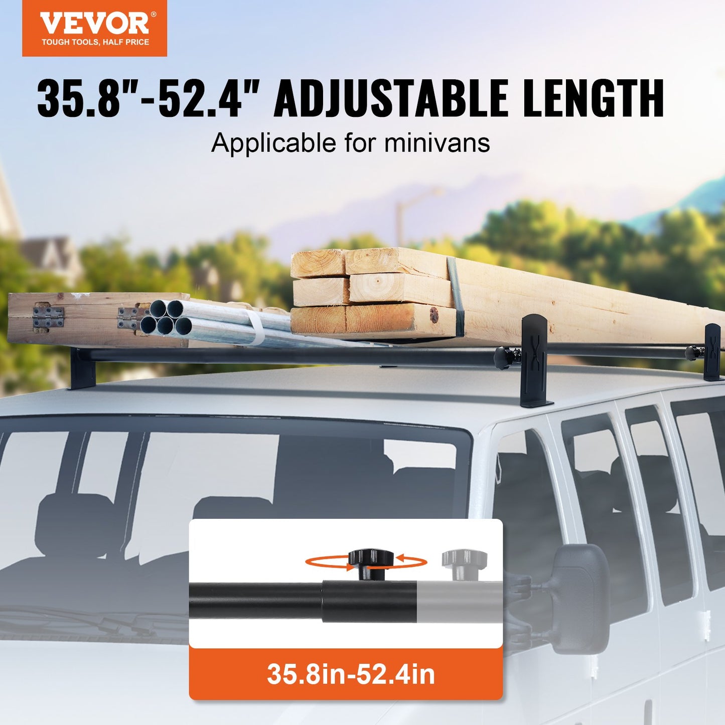Van Roof Ladder Rack, 2 Bars Alloy Steel Roof Racks, 227 KG Capacity Roof Rack, Adjustable Length 910-1330 mm, Van Ladder Rack Compatible with Chevrolet Express, GMC Savana, etc, Drilling Mount