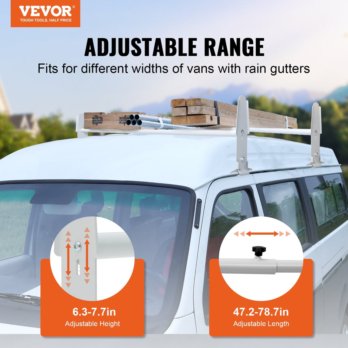 Van Roof Ladder Rack, 2 Bar Alloy Steel Ladder Racks, Adjustable from 1200-2000 mm, 227 kg Capacity, Roof Rack Compatible with Full-size Vans with Rain Gutter, Chevrolet Express, GMC Savana