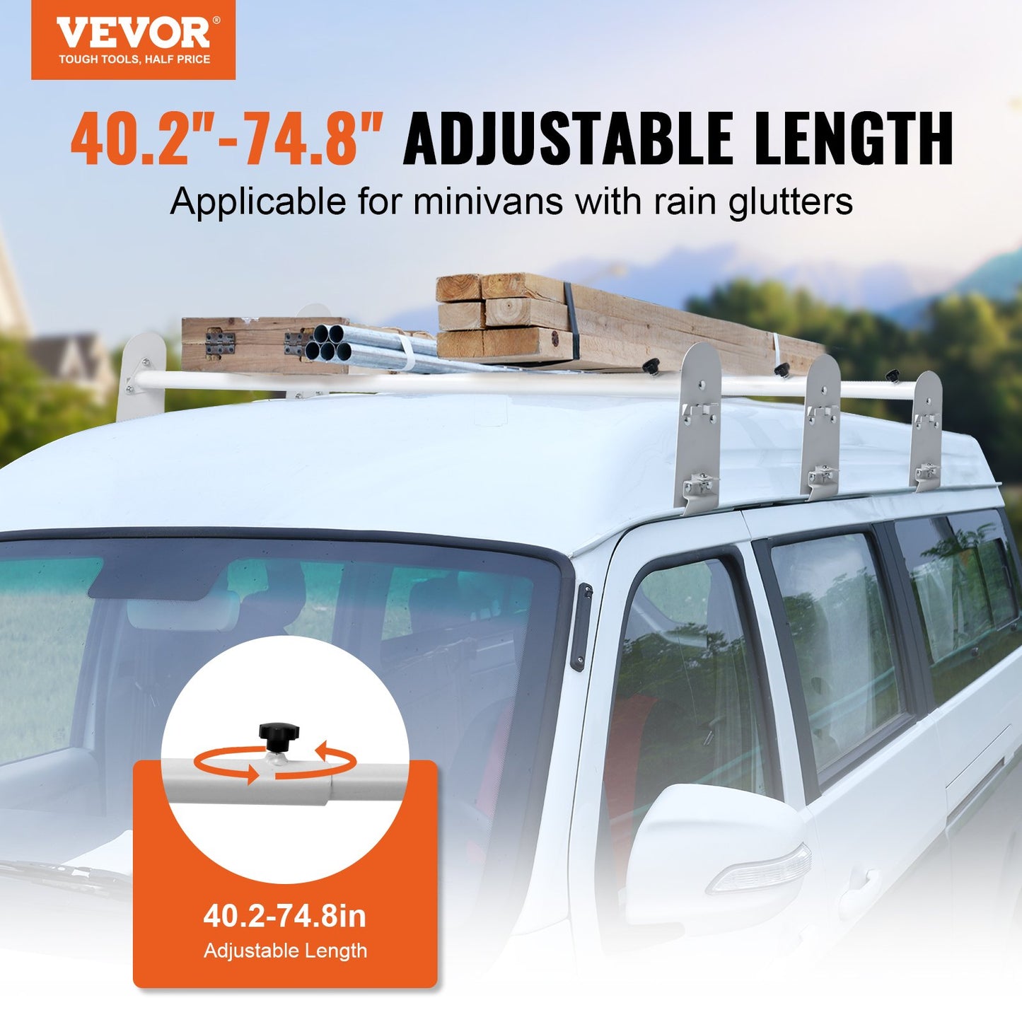 Van Roof Ladder Rack, 3 Bars Alloy Steel Roof Racks, 340 kg Capacity Rain-Gutter Roof Rack, Adjustable Length 40.2" to 74.8", Van Ladder Rack Compatible with Chevrolet Express, GMC Savana, etc