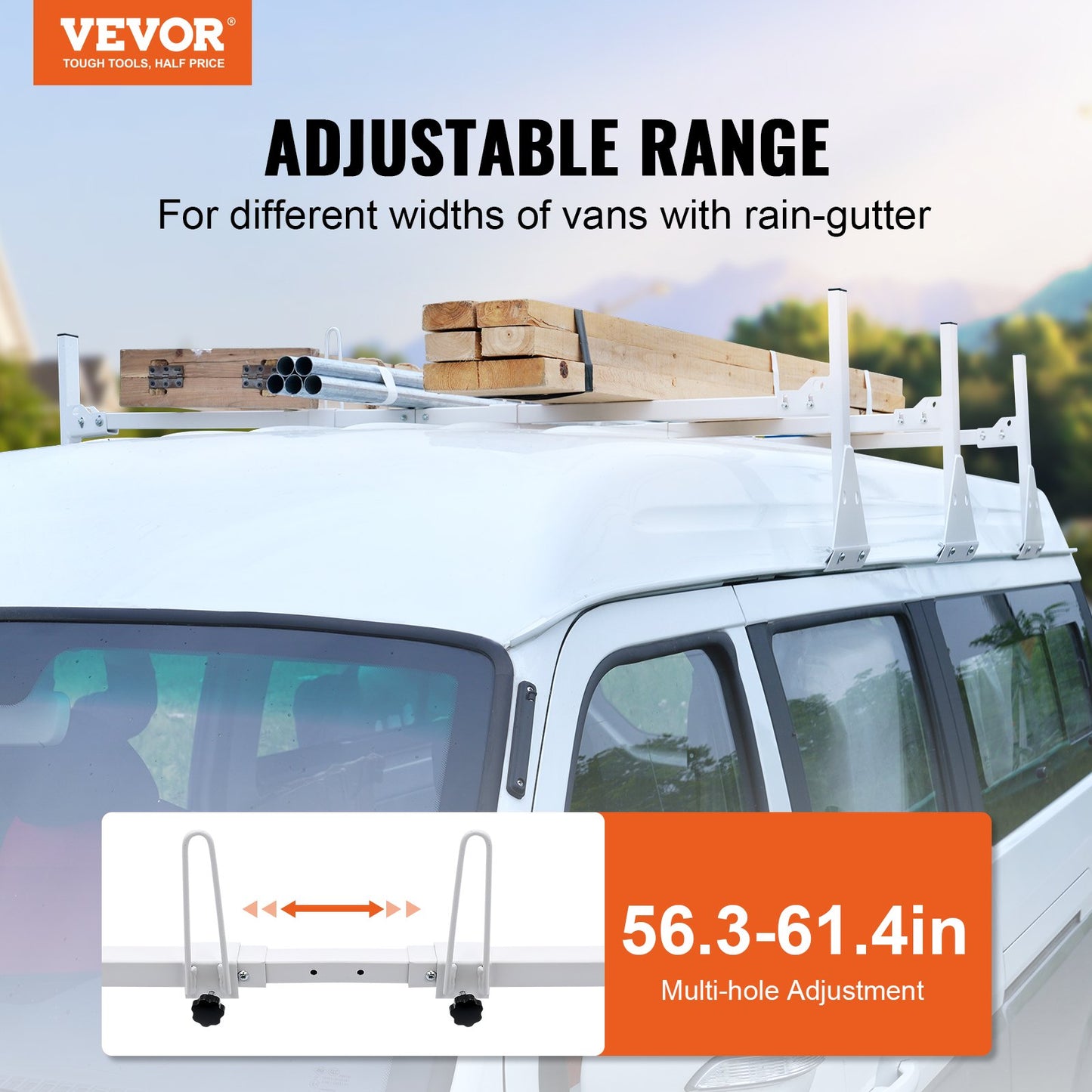 Van Roof Ladder Rack, 3 Bar Alloy Steel Ladder Racks with Ladder Stoppers, 340 kg Capacity, Adjustable Roof Racks for Full-size Vans with Rain Gutters, Compatible with Chevrolet Express, etc