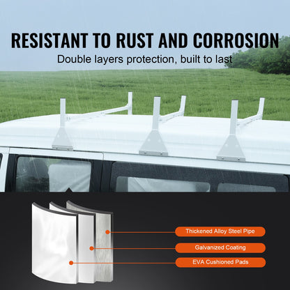 Van Roof Ladder Rack, 3 Bar Alloy Steel Ladder Racks with Ladder Stoppers, 340 kg Capacity, Adjustable Roof Racks for Full-size Vans with Rain Gutters, Compatible with Chevrolet Express, etc