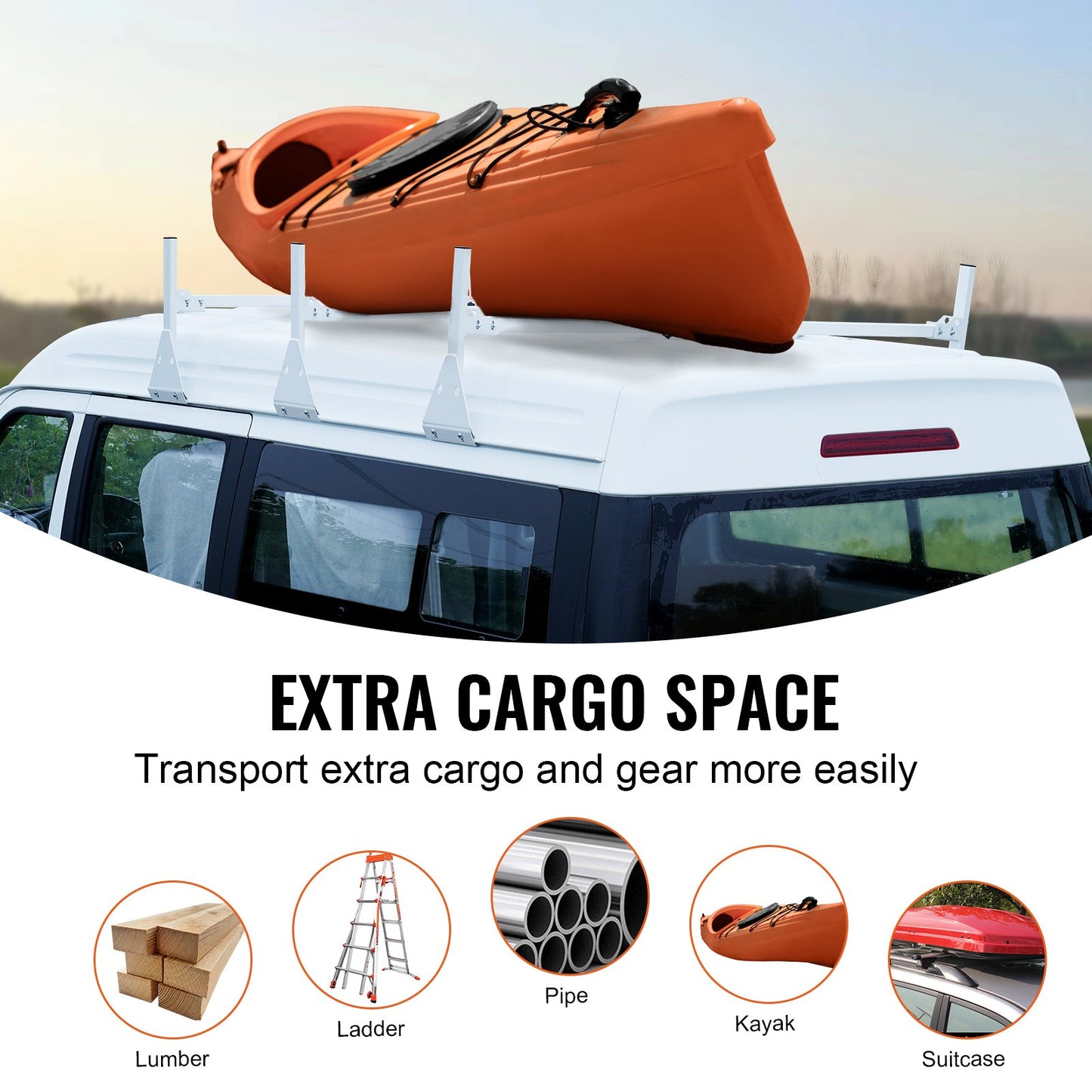 Van Roof Ladder Rack, 3 Bar Alloy Steel Ladder Racks with Ladder Stoppers, 340 kg Capacity, Adjustable Roof Racks for Full-size Vans with Rain Gutters, Compatible with Chevrolet Express, etc