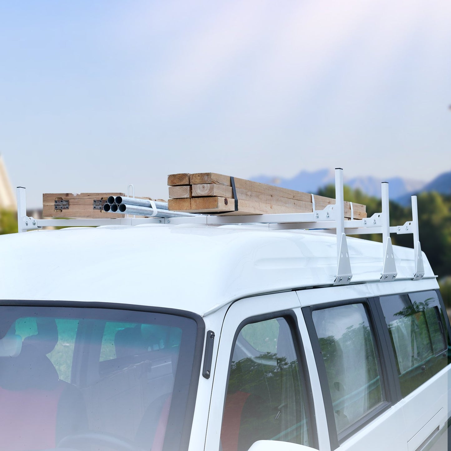 Van Roof Ladder Rack, 3 Bar Alloy Steel Ladder Racks with Ladder Stoppers, 340 kg Capacity, Adjustable Roof Racks for Full-size Vans with Rain Gutters, Compatible with Chevrolet Express, etc