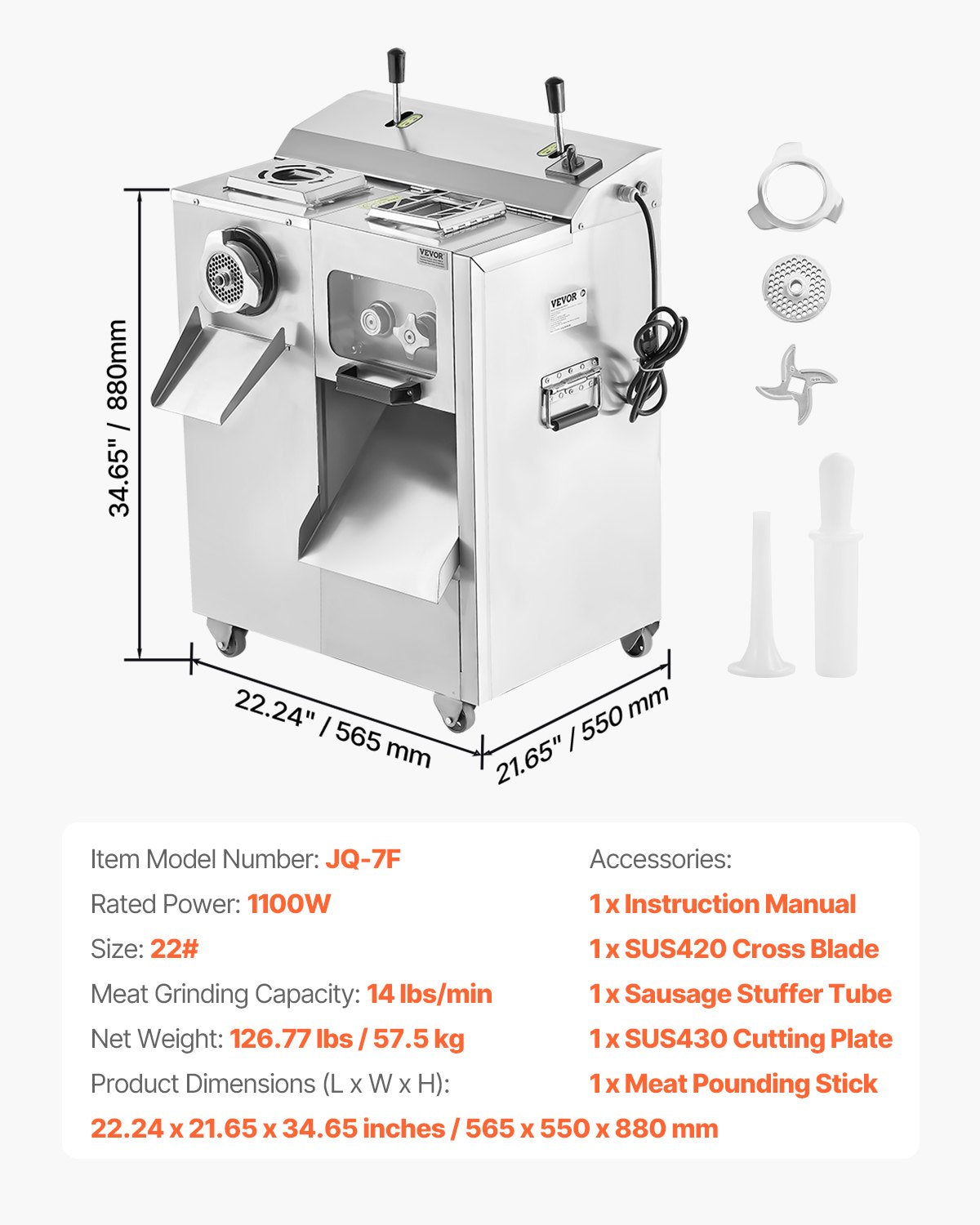 Meat Grinder, 14 Lbs/Min Electric Meat Grinder, Slicer, Sausage Stuffer with Blade, Grinding Plate, Sausage Maker, Stainless Steel Meat Mincer Cabinet for Slice Shred Dice, Restaurant Butcher