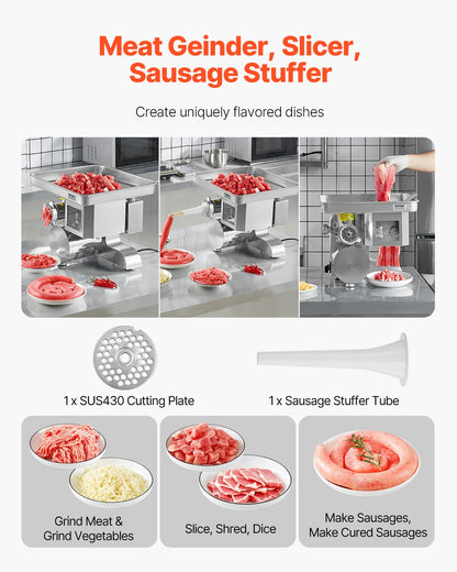 Meat Grinder, 11 Lbs/Min Electric Meat Grinder, Slicer, Sausage Stuffer with Blade, Grinding Plate, Sausage Maker, Stainless Steel Commercial Meat Mincer for Slice Shred Dice, Restaurant Butcher