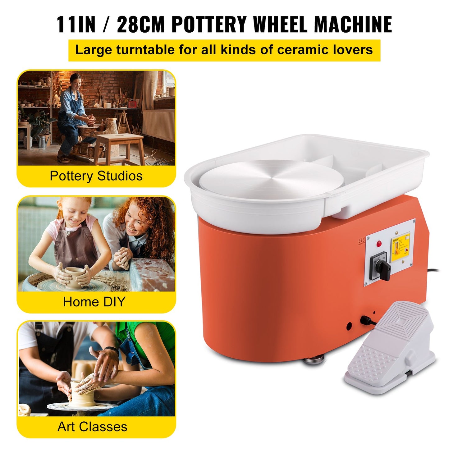 Pottery Wheel 27.9 cm 0-300 RPM Ceramic Wheel, 350W Adjustable Speed Forming Machine with Sculpting Tools and Apron, Detachable Basin Foot Pedal Control for Art Craft Work and Home DIY Orange