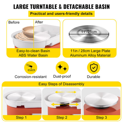 Pottery Wheel 27.9 cm 0-300 RPM Ceramic Wheel, 350W Adjustable Speed Forming Machine with Sculpting Tools and Apron, Detachable Basin Foot Pedal Control for Art Craft Work and Home DIY Orange