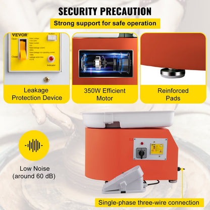 Pottery Wheel 27.9 cm 0-300 RPM Ceramic Wheel, 350W Adjustable Speed Forming Machine with Sculpting Tools and Apron, Detachable Basin Foot Pedal Control for Art Craft Work and Home DIY Orange