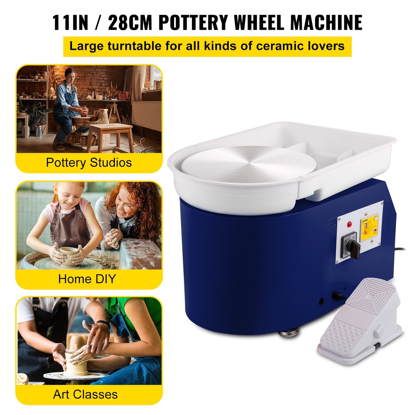 Pottery Wheel 27.9 cm 0-300 RPM Ceramic Wheel, 350W Adjustable Speed Forming Machine with Sculpting Tools and Apron, Detachable Basin Foot Pedal Control for Art Craft Work and Home DIY Blue