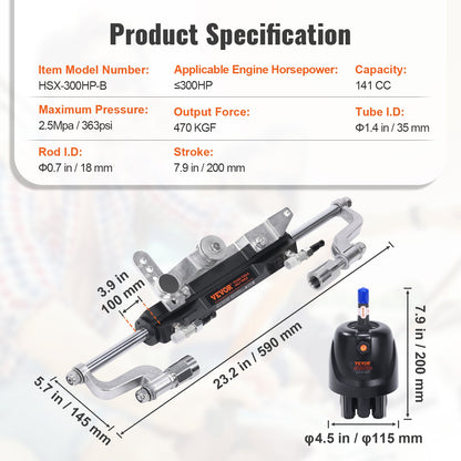 Hydraulisches Außenbord-Lenkset, 300 PS, Marine-Boots-Hydrauliklenksystem, mit Steuerpumpe, Zweiwege-Sperrzylinder und 792,5 cm Hydraulik-Lenkschlauch, für einmotorige Boote mit Einzelsteuerstand