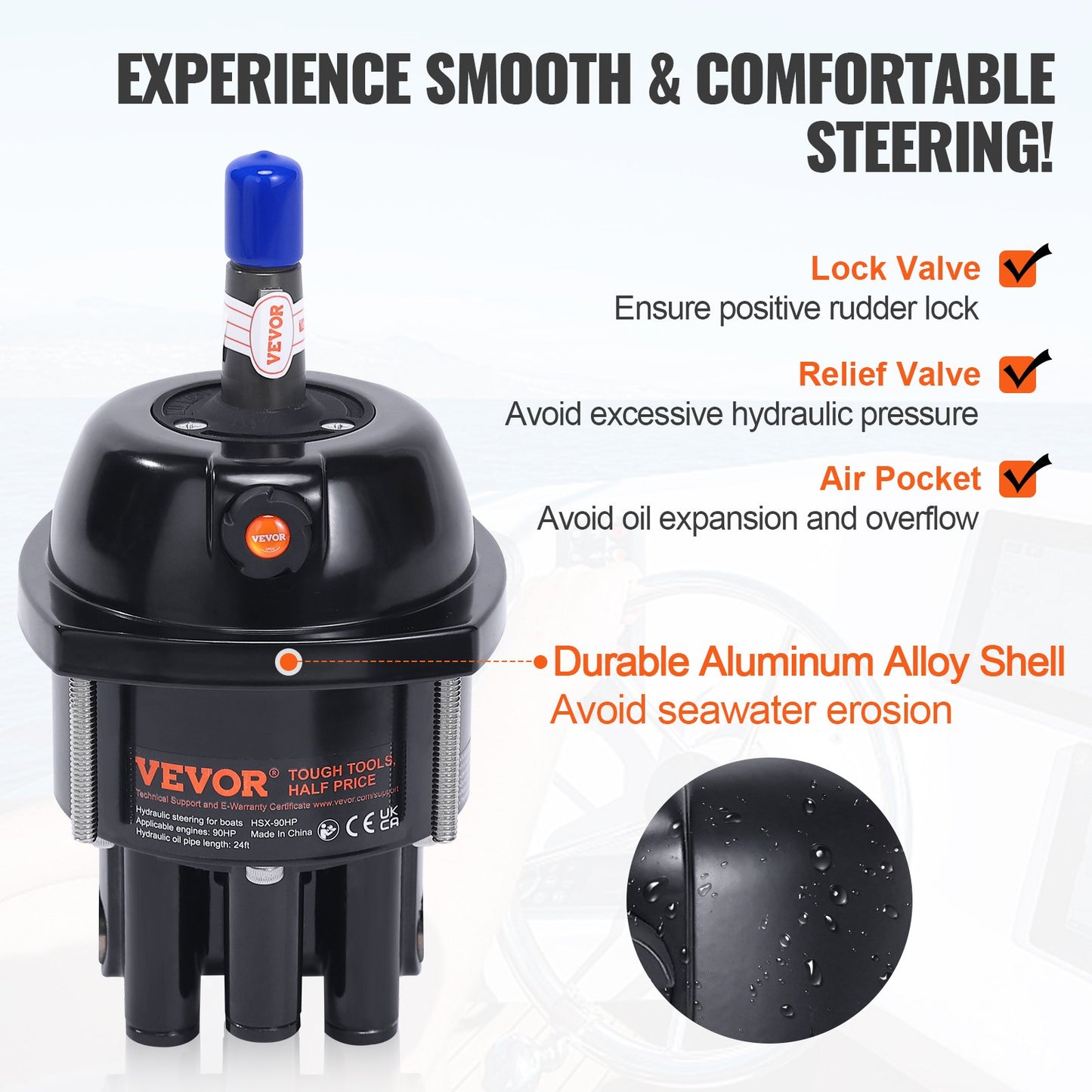 Hydraulisches Außenbord-Lenkset, 90 PS, Marine-Boots-Hydrauliklenksystem, mit Steuerpumpe, Zweiwege-Sperrzylinder und 731,5 cm Hydraulik-Lenkschlauch, für einmotorige Boote mit Einzelsteuerstand