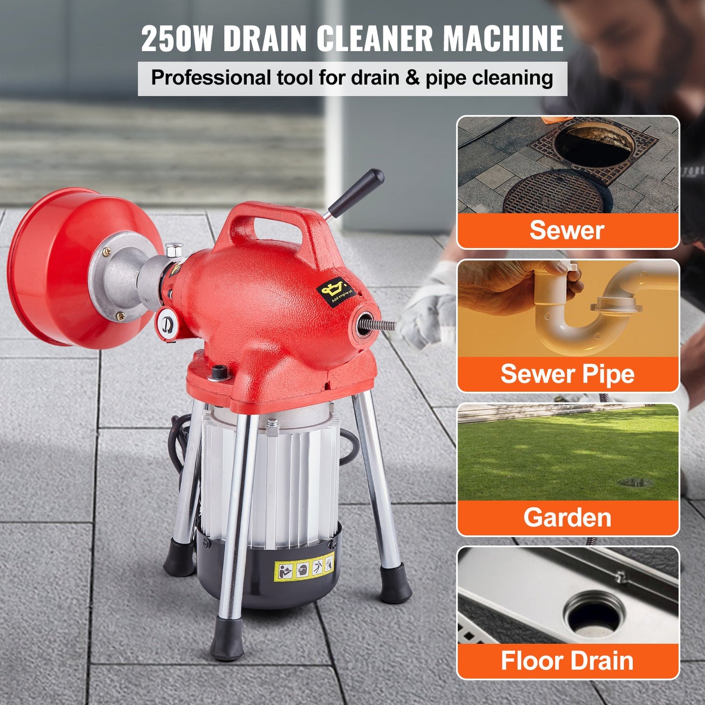 Drain Cleaner Machine 66FT x 5/8 Inch, 250W Electric Sewer Snake Auger Manual Feed - with 2 Sectional Steel Cables (66' x 5/8" and 15' x 3/8"), 7 Cutters and CW/CCW Control for 1.6" to 4" Pipes