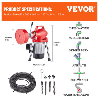 Drain Cleaner Machine 66FT x 5/8 Inch, 250W Electric Sewer Snake Auger Manual Feed - with 2 Sectional Steel Cables (66' x 5/8" and 15' x 3/8"), 7 Cutters and CW/CCW Control for 1.6" to 4" Pipes