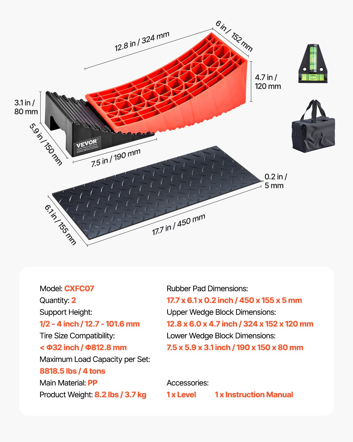 Camper Levelers, 2 Pcs RV Leveling Blocks, up to 8818.5lbs Camper Wheel Chocks, Max. 4" Leveling Height Heavy Duty Curved Levelers, RV Camper Leveler Kit with Anti-Slip Mat Carrying Bag Level