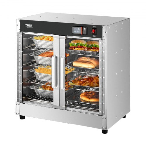 Hot Box Food Warmer, 4-Tier Concession Warmer with Water Tray, 4 Pans, Glass Double-door and Adjustable Shelves, Stainless Steel Food Warmer Cabinet, Ideal for Storing Pizza, Chicken, Restaurant