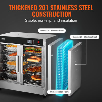 Hot Box Food Warmer, 4-Tier Concession Warmer with Water Tray, 4 Pans, Glass Double-door and Adjustable Shelves, Stainless Steel Food Warmer Cabinet, Ideal for Storing Pizza, Chicken, Restaurant