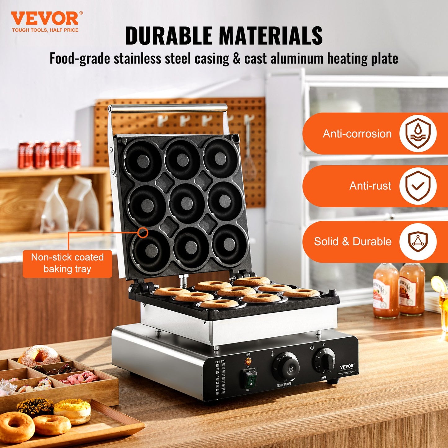 Electric Donut Maker, 2000W Commercial Doughnut Machine with Non-stick Surface, 9 Holes Double-Sided Heating Waffle Machine Makes 9 Doughnuts, Temperature 50-300℃, for Restaurant and Home Use