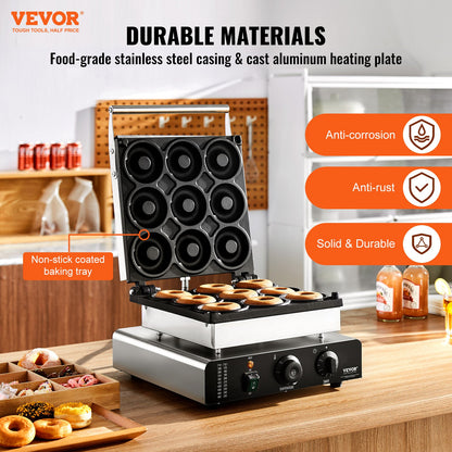 Electric Donut Maker, 2000W Commercial Doughnut Machine with Non-stick Surface, 9 Holes Double-Sided Heating Waffle Machine Makes 9 Doughnuts, Temperature 50-300℃, for Restaurant and Home Use