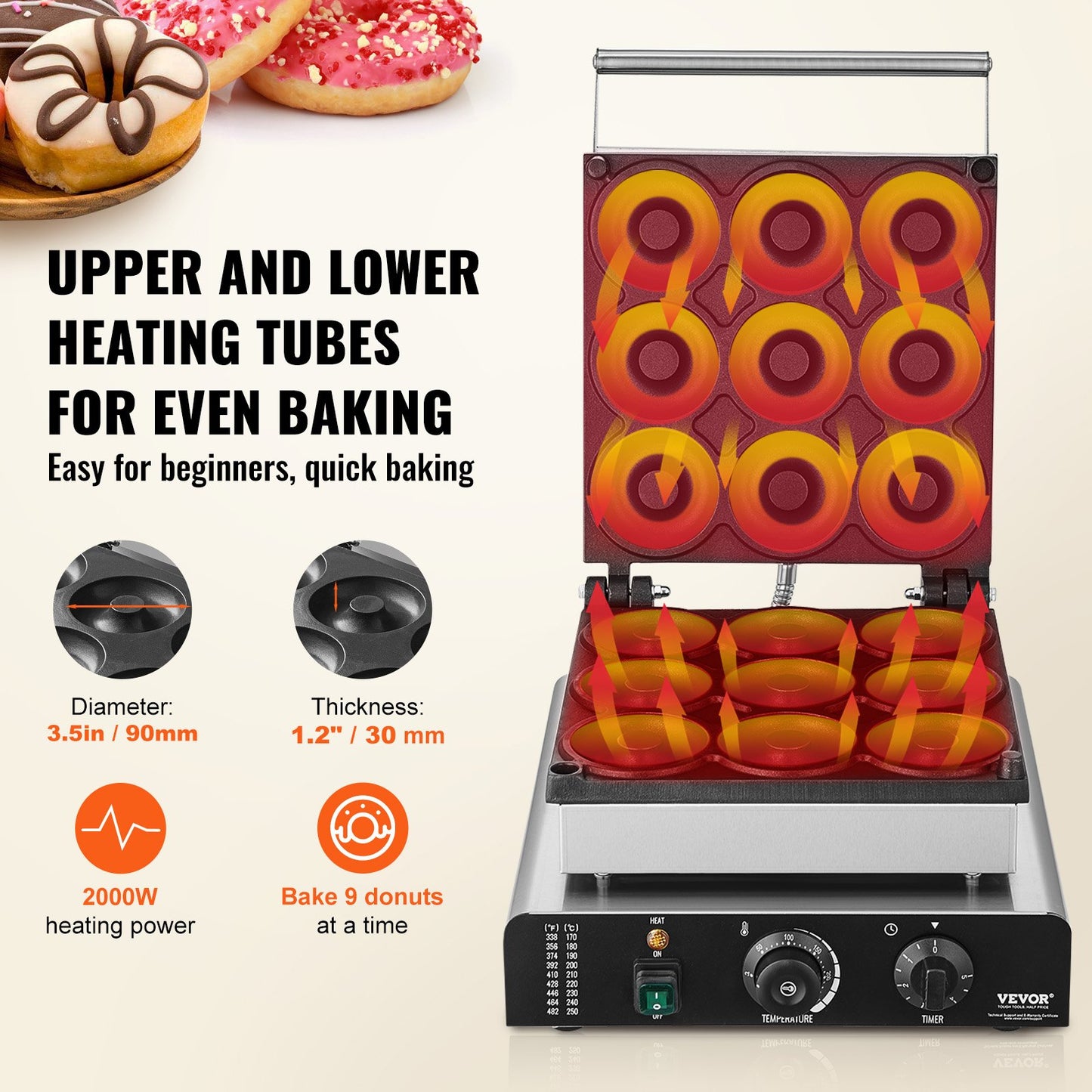 Electric Donut Maker, 2000W Commercial Doughnut Machine with Non-stick Surface, 9 Holes Double-Sided Heating Waffle Machine Makes 9 Doughnuts, Temperature 50-300℃, for Restaurant and Home Use