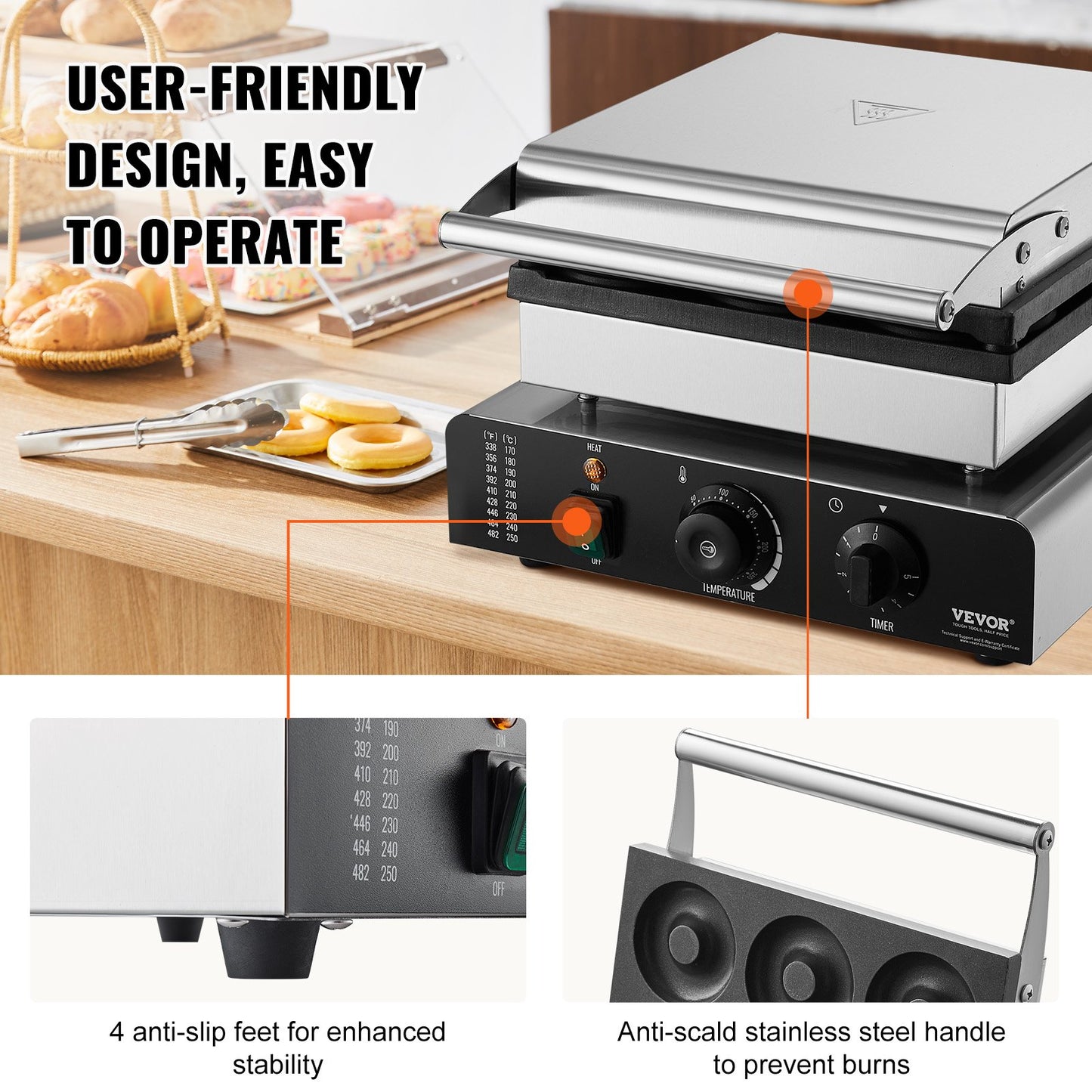 Electric Donut Maker, 2000W Commercial Doughnut Machine with Non-stick Surface, 9 Holes Double-Sided Heating Waffle Machine Makes 9 Doughnuts, Temperature 50-300℃, for Restaurant and Home Use