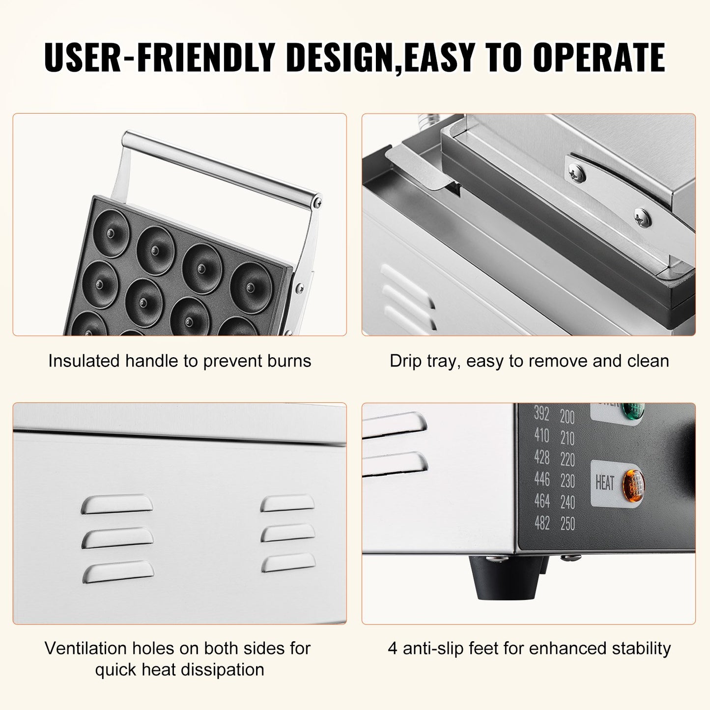 Electric Donut Maker, 1550W Commercial Doughnut Machine with Non-stick Surface, 12 Hole Double-Sided Heating Waffle Machine Makes 12 Doughnuts, Temperature 50-300℃, for Restaurant & Home Use