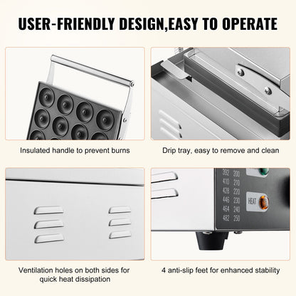 Electric Donut Maker, 1550W Commercial Doughnut Machine with Non-stick Surface, 12 Hole Double-Sided Heating Waffle Machine Makes 12 Doughnuts, Temperature 50-300℃, for Restaurant & Home Use