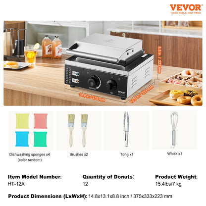 Electric Donut Maker, 1550W Commercial Doughnut Machine with Non-stick Surface, 12 Hole Double-Sided Heating Waffle Machine Makes 12 Doughnuts, Temperature 50-300℃, for Restaurant & Home Use
