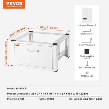 Laundry Pedestal 686mmW x 366mmH, Washer And Dryer Base Stand Platform Universal Fit 299kg Capacity, Heavy Duty Multi-Functional Base for Washing Machine with Drawer & Rich Accessories
