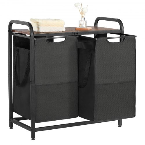 2 Section Laundry Sorter, Large Laundry Hamper with Metal Frame and Wooden Tabletop, Freestanding Storage Organizer Baskets with Pull-Out 600D Oxford Cloth Bags for Dirty Clothes, Bathroom