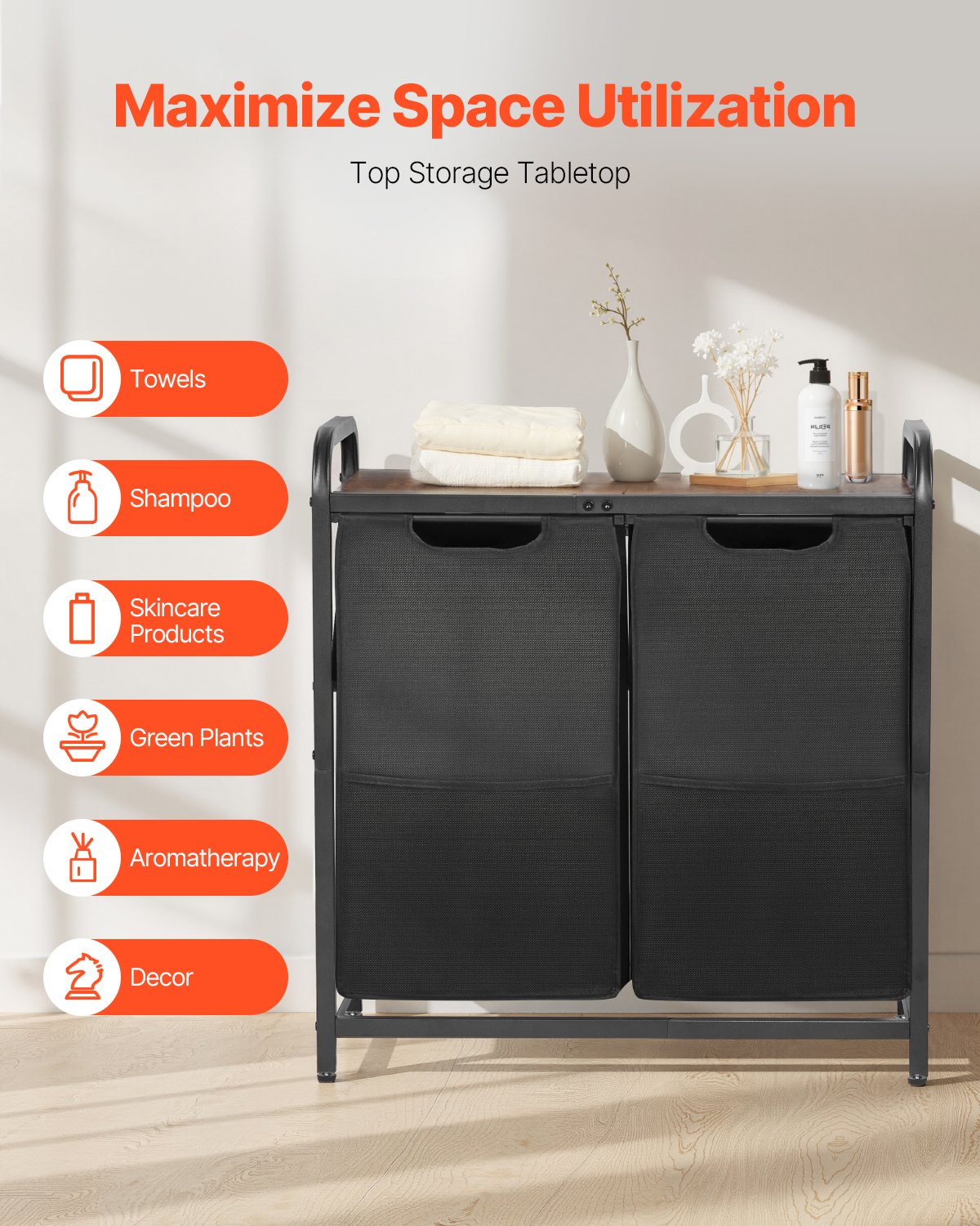 2 Section Laundry Sorter, Large Laundry Hamper with Metal Frame and Wooden Tabletop, Freestanding Storage Organizer Baskets with Pull-Out 600D Oxford Cloth Bags for Dirty Clothes, Bathroom