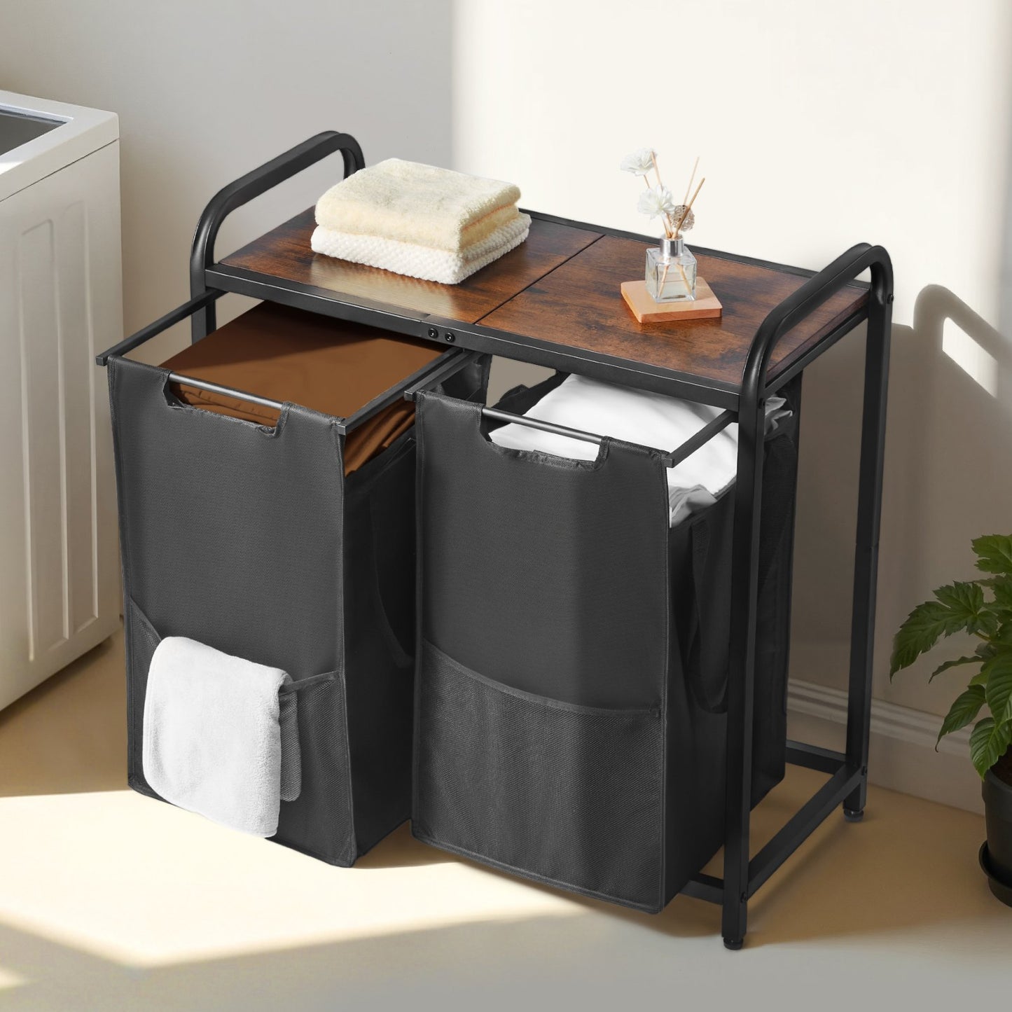 2 Section Laundry Sorter, Large Laundry Hamper with Metal Frame and Wooden Tabletop, Freestanding Storage Organizer Baskets with Pull-Out 600D Oxford Cloth Bags for Dirty Clothes, Bathroom