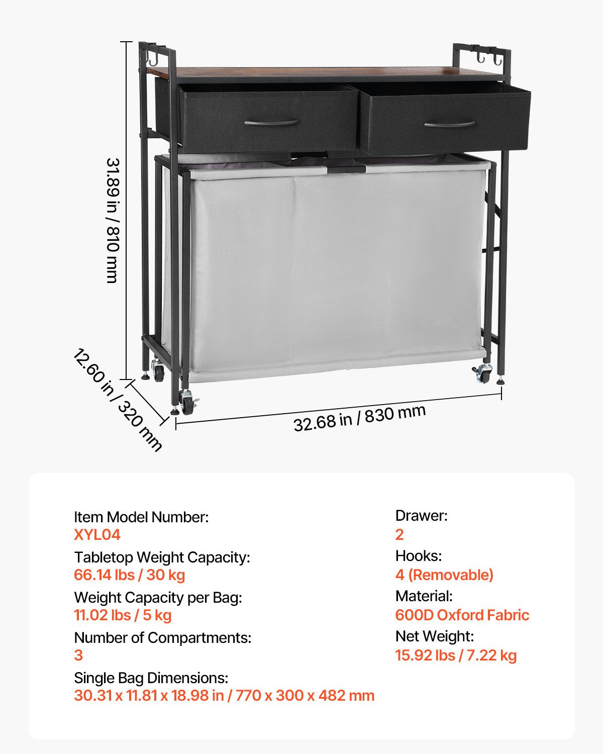 3 Section Laundry Sorter, Rolling Laundry Hamper with 2 Drawers, Hooks & Wheels, Rolling Basket Organizer Storage with Pull-Out Rolling Bags and Wooden Tabletop for Dirty Clothes, Bathroom