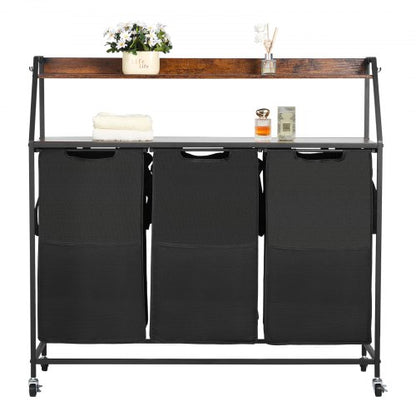 2 Tiers Laundry Sorter, Tall Laundry Hamper with Metal Frame and Wooden Tabletop, 3 Section Rolling Basket Organizer Storage with Ladder Shelves and 600D Oxford Cloth Bags for Dirty Clothes