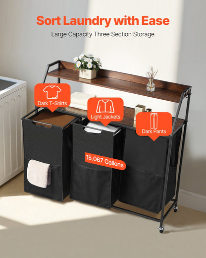 2 Tiers Laundry Sorter, Tall Laundry Hamper with Metal Frame and Wooden Tabletop, 3 Section Rolling Basket Organizer Storage with Ladder Shelves and 600D Oxford Cloth Bags for Dirty Clothes