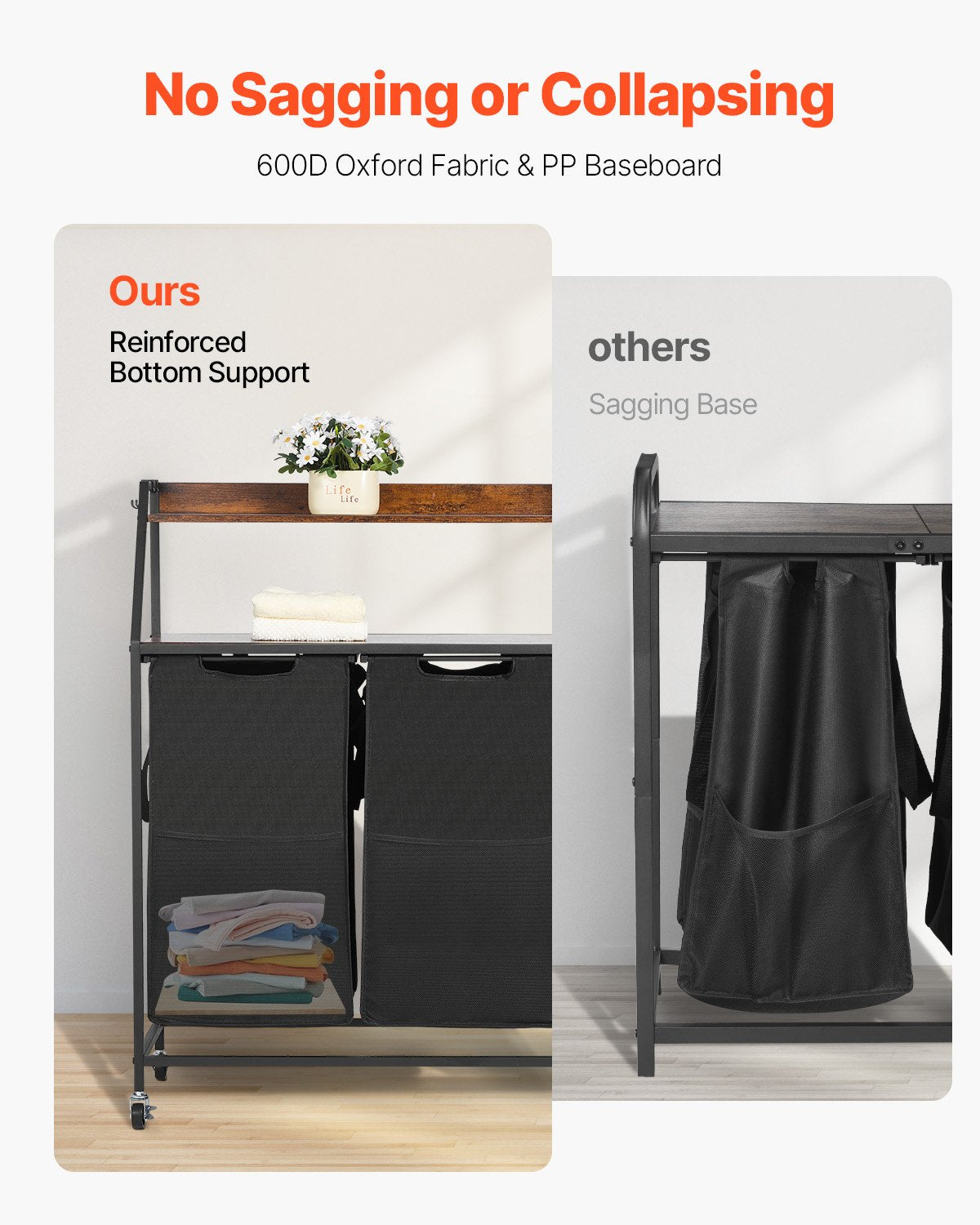 2 Tiers Laundry Sorter, Tall Laundry Hamper with Metal Frame and Wooden Tabletop, 3 Section Rolling Basket Organizer Storage with Ladder Shelves and 600D Oxford Cloth Bags for Dirty Clothes