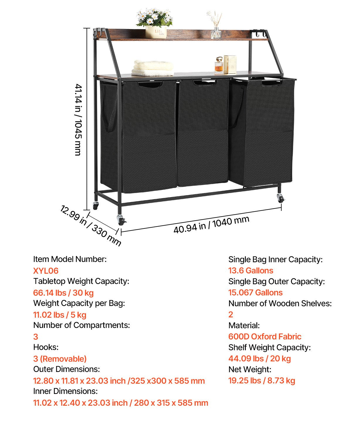 2 Tiers Laundry Sorter, Tall Laundry Hamper with Metal Frame and Wooden Tabletop, 3 Section Rolling Basket Organizer Storage with Ladder Shelves and 600D Oxford Cloth Bags for Dirty Clothes